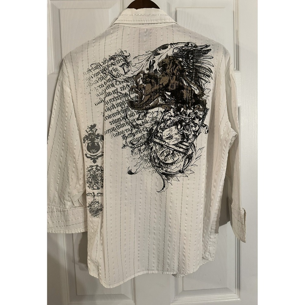 MZ USA Men's‎ White Graphic Print Button Up Shirt Size Medium - Picture 3 of 4